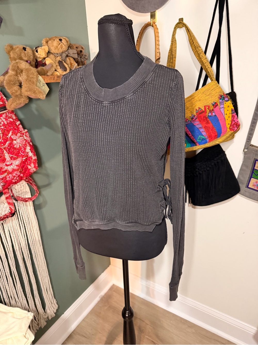 Free People FP One Waffle Knit Tie-Side Top Charcoal Gray S Womens